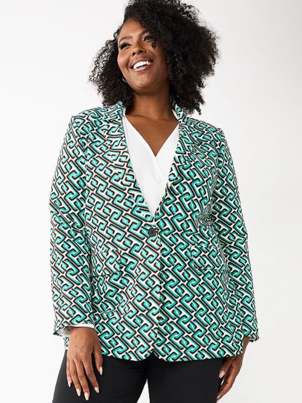 Intempo Oversized Patterned Black & Green Women's Blazer
